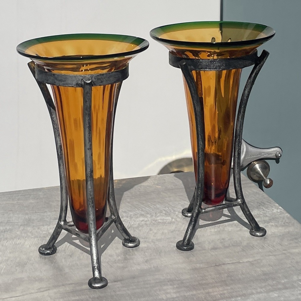 Amber Glass Vase With Metal Stand, Set Of 2